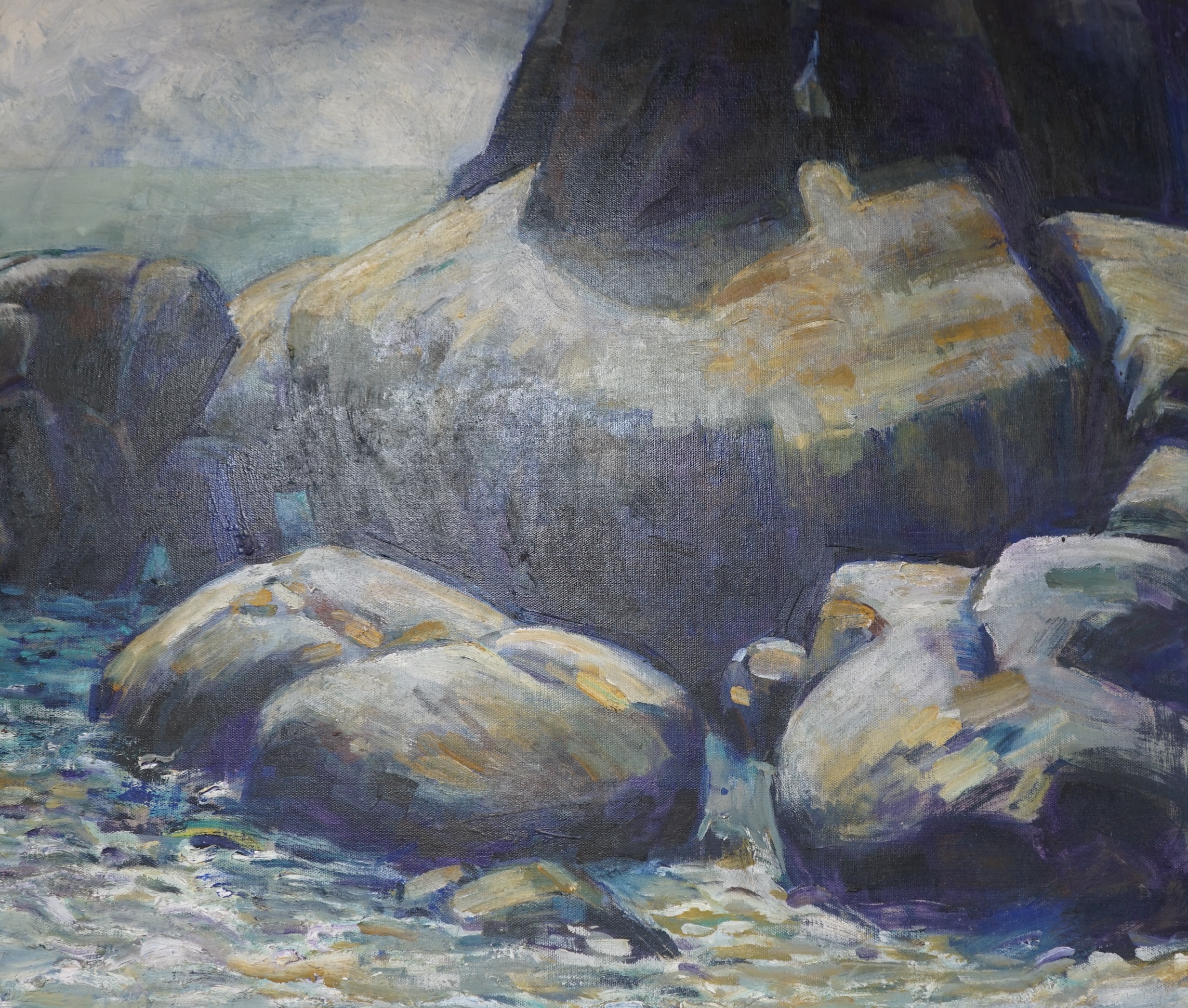 John Speirs, oil on canvas, Rocky coastal view, signed and dated ‘09 verso, 60 x 80cm, unframed. Condition - good